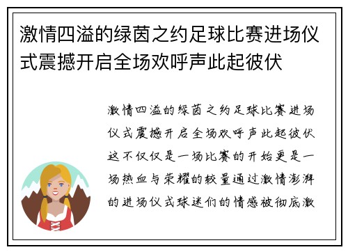 激情四溢的绿茵之约足球比赛进场仪式震撼开启全场欢呼声此起彼伏